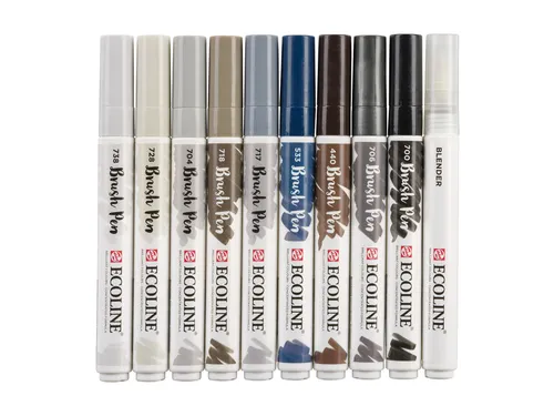 Brushpen Talens Ecoline set à 10 stuks grijs