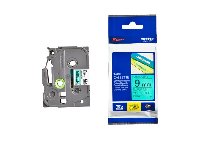 Labeltape Brother P-touch TZe-721 standaard 9mm zwart op groen