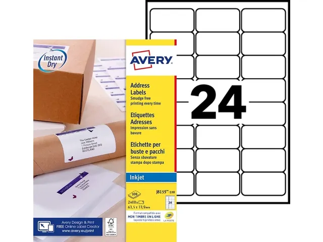 Etiket Avery J8159-100 63.5x33.9mm Inkjet Wit 2400 stuks