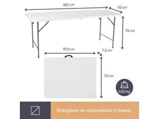 Vouwtafel weerbestendige Klaptafel 180x70x74cm HDPE Wit - 3