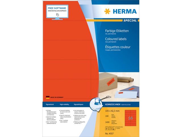 OUTLET Herma 4557 Gekleurde Etiketten 105x42.3mm Rood permanent | HermaLabels.nl