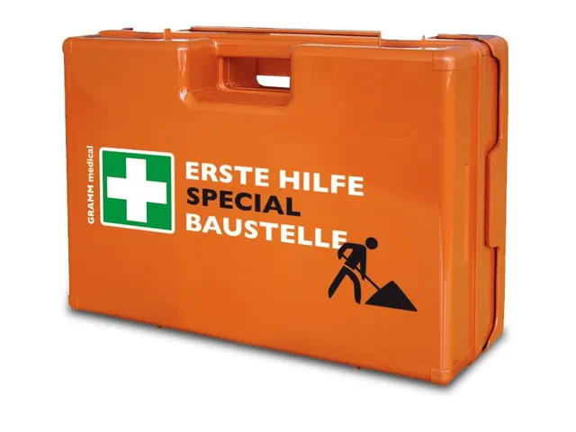 verbandkoffer,v. bouw,DIN 13157,ABS oranje,m. wandhouder