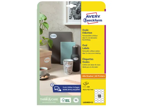 Etiket Avery L6024REV-25 ovaal 63.5x42.3mm wit 450 stuks 25 vel