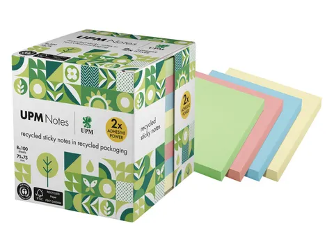 Sticky notes UPM recycled 75x75mm pastel assorti blok 100 vel, doos 8x
