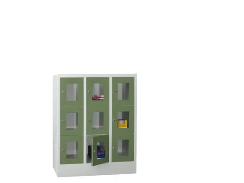 lockerkast,HxBxD 1187x900x500mm,3x3vakken,RAL7035,front RAL6011
