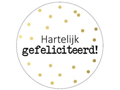 KP Sticker rond 40mm Hartelijk gefeliciteerd goud stippen 250 stuks