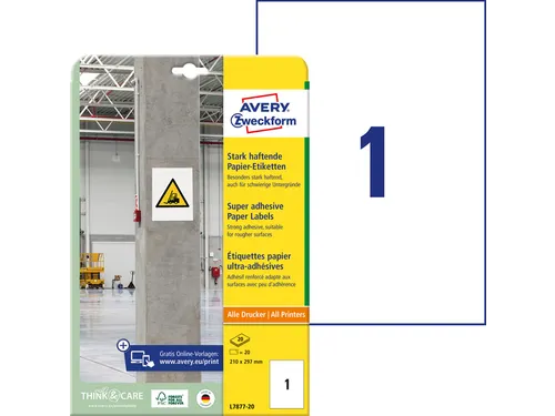 Avery Zweckform L7877 Sterk klevende etiketten A4 210x297mm 20 stuks