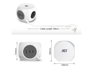 Stekkerblok ACT 3 voudig inclusief 2x USB C en A 1.5 meter wit/grijs - 6