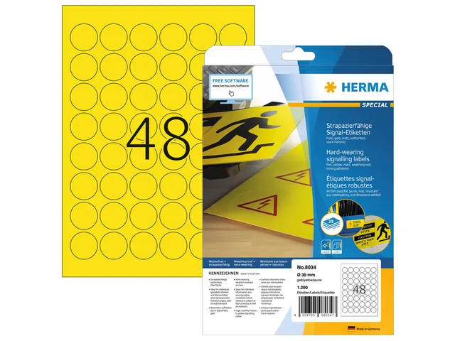 HERMA 8034 Weervaste Folie-etiketten A4 Rond 30 mm Geel 1200 stuks