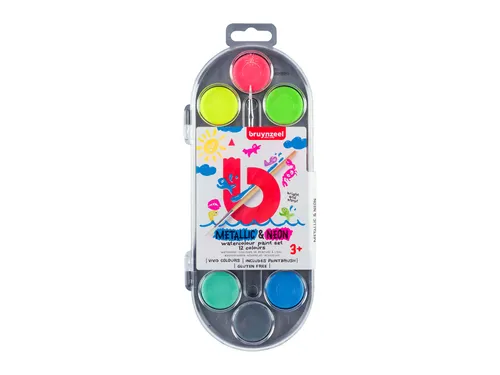 Waterverfset Bruynzeel Kids penseel assorti metallic en neon 12 napjes