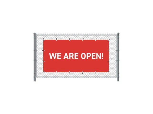 Hekwerkbanner 200x100 cm Rood met Engelse Print We Are Open