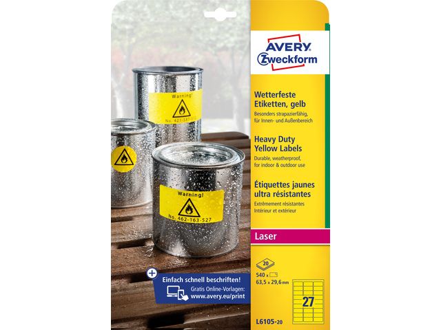 Laseretiket Avery 63.5x29.6mm Geel 20 Vel 27 Etiketten Per Vel | AveryEtiketten.be