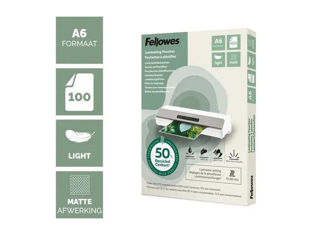 Lamineerhoes Fellowes A6 light 50% gerecycled mat 100stuks
