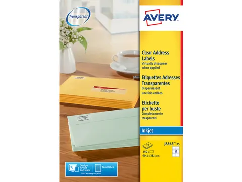 Adresetiket Avery J8563-25 99,1x38,1mm Transparant Inkjet 350 stuks