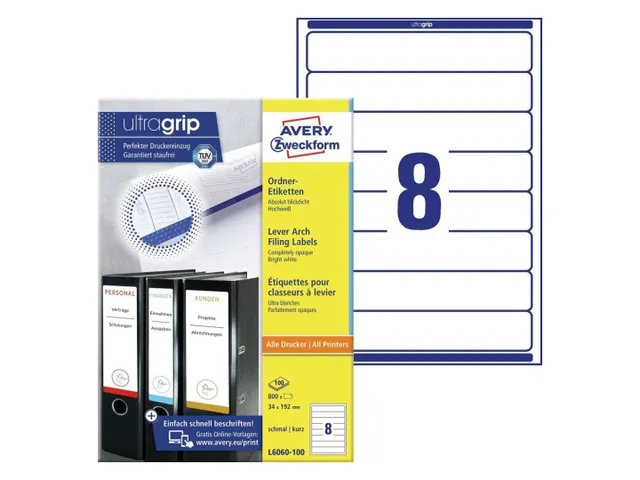 Rugetiket Avery Zweckform smal 192x34mm Wit L6060 800 stuks