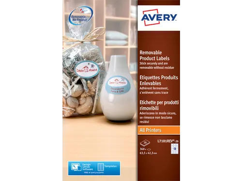 Etiket Avery L7101REV-20 63.5x42.3mm afneembaar mat wit 360stuks