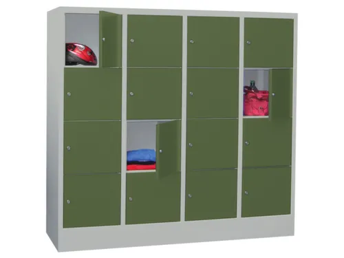lockerkast,HxBxD 1518x1600x500mm,4x4vakken,RAL7035,front RAL6011