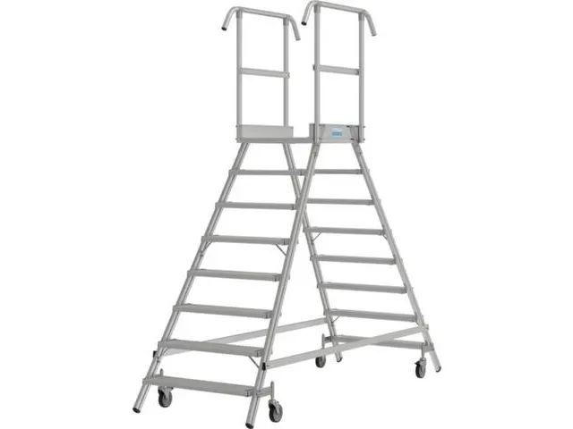 bordestrap,verrijdbaar,bordes H 1,95m,2x8treden,aluminium,4zwenkwielen