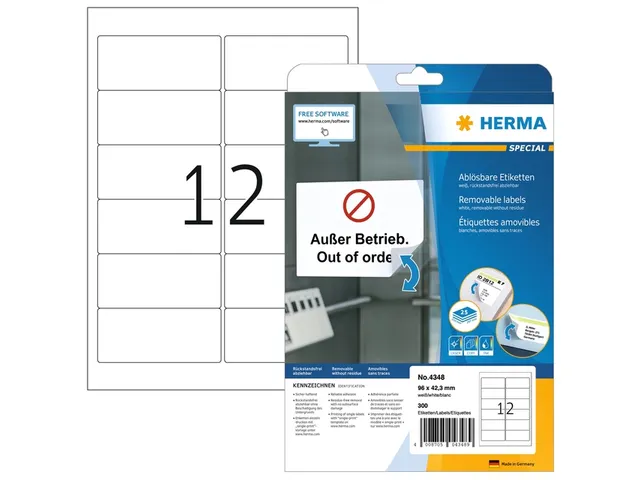 HERMA 4348 Verwijderbare etiketten A4 96x42,3mm Wit 300 stuks