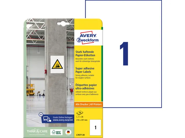 Avery Zweckform L7877 Sterk klevende etiketten A4 210x297mm 20 stuks