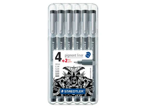 Fineliner Staedtler Pigment 308 zwart set 4+2 gratis 0.05-0.8mm