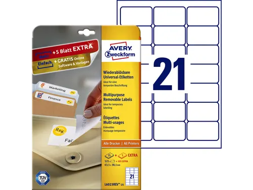 Etiket Avery Zweckform L6023REV 63.5x38.1mm afneembaar Wit 525 stuks