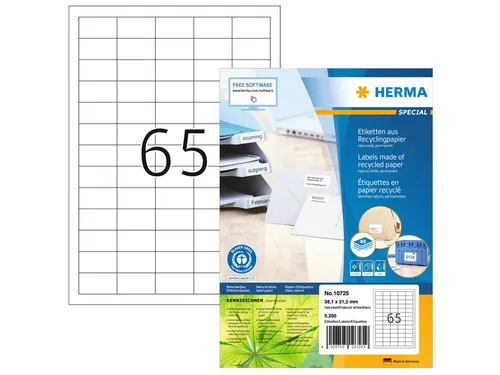 HERMA 10725 Etiketten gerecycled papier A4 38,1x21,2mm Wit 5200 stuks