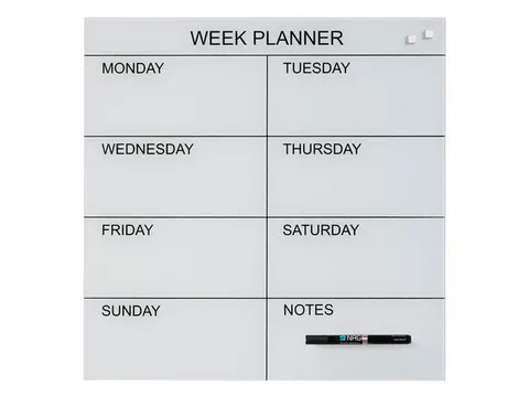 Glasmagneetbord Naga 45 x 45 cm Weekplanner Engels Wit