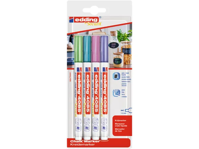 Krijtstift edding 4085 by Securit rond 1-2mm mtl assorti blister à 4s