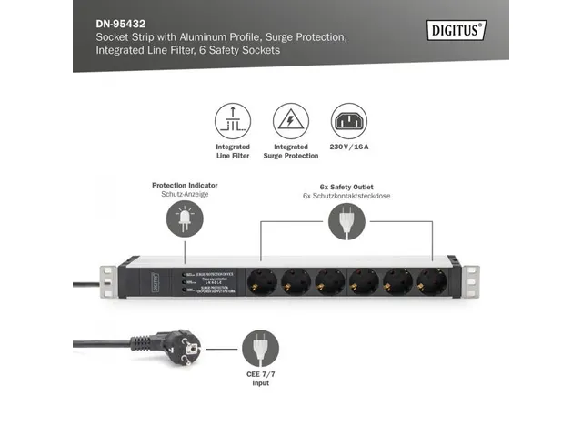 Stekkerdoos Met Aluminium Profiel 6-voudig stopcontact 2m voedingskabe