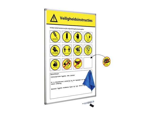 Veiligheidsbord Corona met wisselbare iconen Nederlandstalig 60x90cm | YourWhiteboard.nl