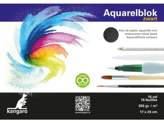 Blok aquarelpapier Kangaro 24x17cm 300g 16 vel zwart 3 zijden verlijmd - 1
