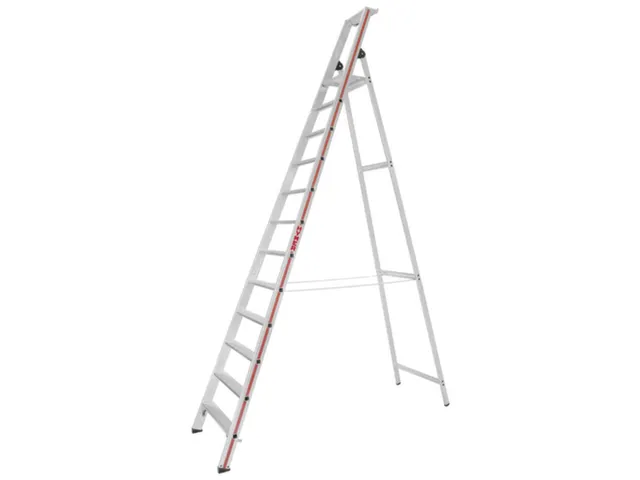 trapladder,eenzijdig,12treden,stand H 2,78m,balk L 3,7m,aluminium