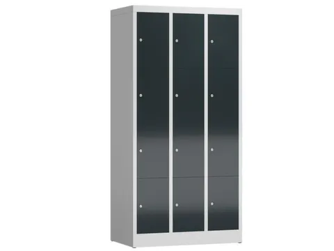 Lockerkast 1800x870x500mm 3x4 vakken cilinderslot, sokkel, RAL7016