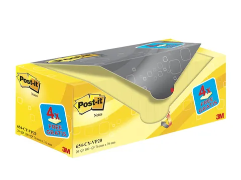 Memoblok 3M Post-it 654 76x76mm geel 16 + 4 gratis