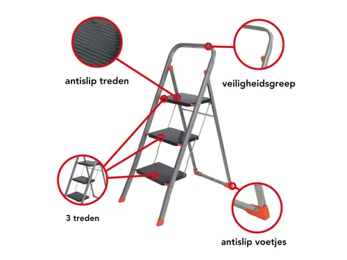 Huishoudtrap met hoge beugel 3 treden antislip inklapbaar tot 150 kg