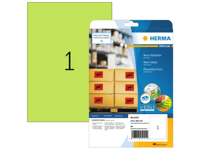 HERMA 5151 Gekleurde etiketten A4 210x297mm Neon Groen 20 stuks