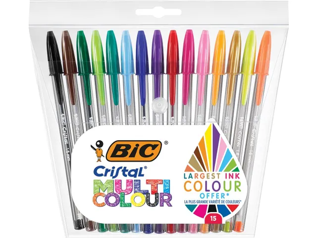 Balpen Bic Cristal large multicolour assorti etui à 15 stuks