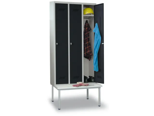locker met bank,HxBxD 2150x1200x500mm,3vak,RAL7035,front RAL7016