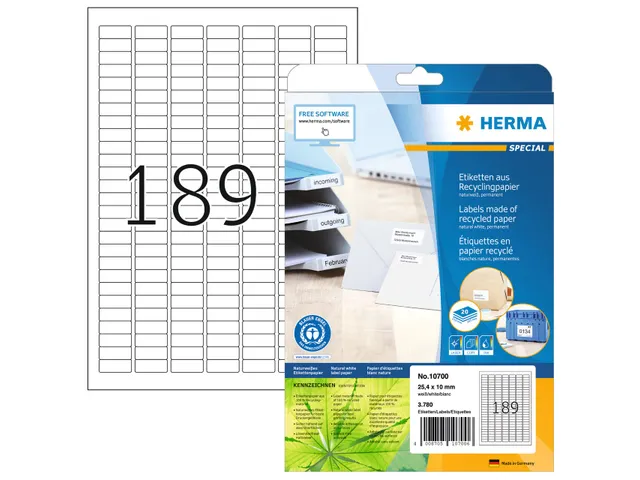 HERMA 10700 Etiketten gerecycled papier A4 25,4x10mm Wit 3780 stuks