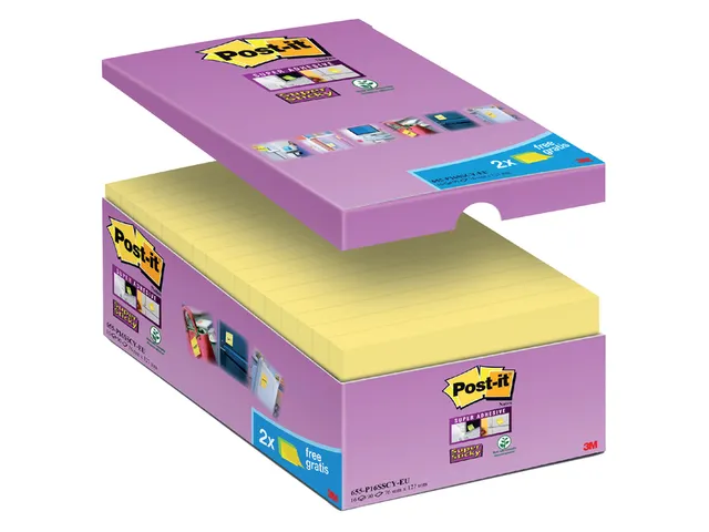 Memoblok 3M Post-it 655 Super Sticky 76x127mm geel 14+2 gratis