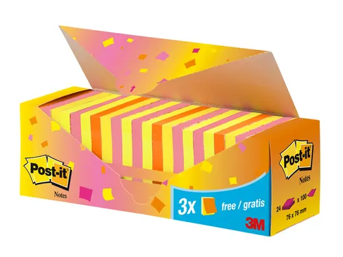 Memoblok 3M Post-it 654 76x76mm neon assorti 21 + 3 gratis
