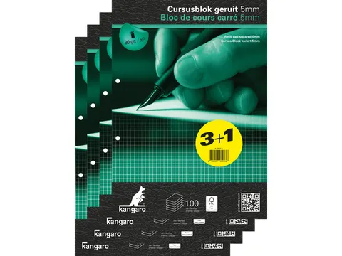 Cursusblok Kangaro A4 ruit 5mm 90 grams 100 vel pak 4 stuks