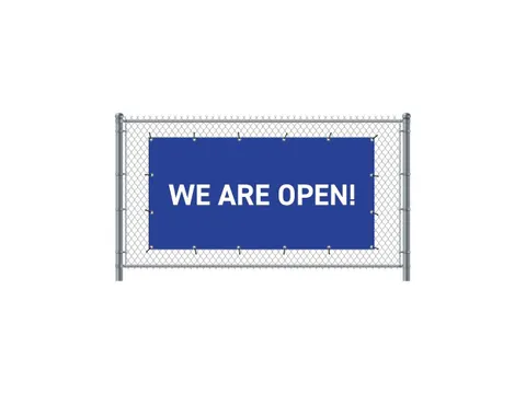 Hekwerkbanner 200x100 cm Blauw met Engelse Print We Are Open