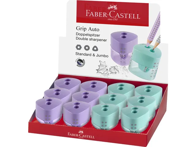 Puntenslijper Faber-Castell Grip Auto 2 kleuren display 12 stuks