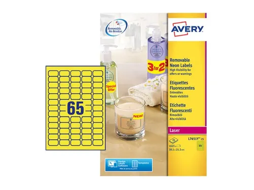 Etiket Avery L7651Y-25 38.1x21.2mm Neon Geel 1625 stuks