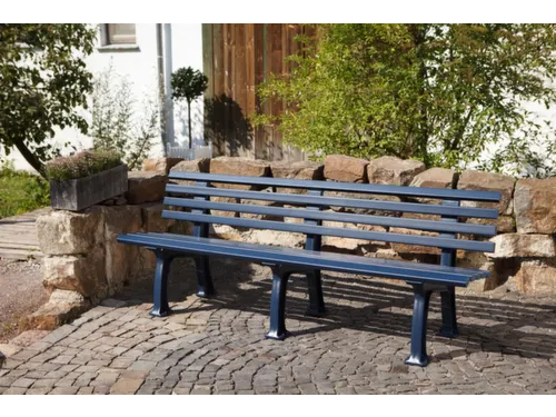 Kunststofbank 740x2000x380mm Zit H 440mm 9 Latten 3 Pootstellen Blauw