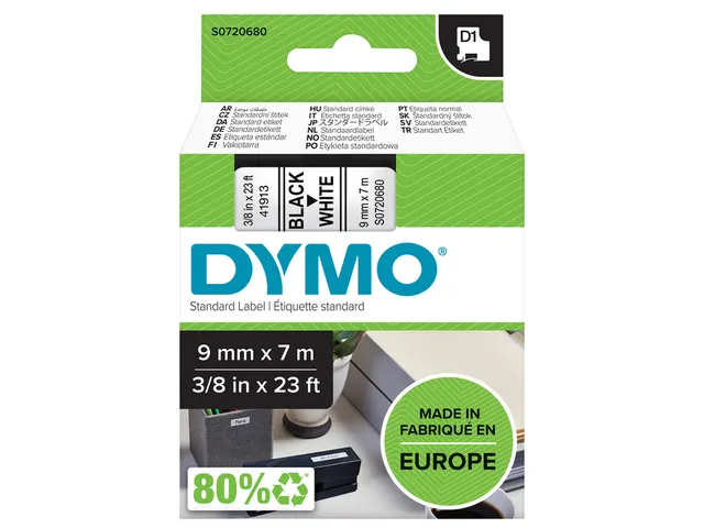 Labeltape Dymo 40913 D1 S720680 9mmx7m zwart op wit