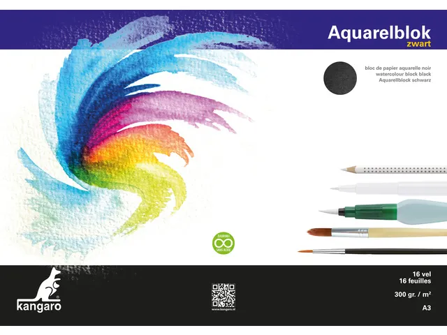 Aquarelpapier Kangaro blok A3 300 gram 16 vel zwart, 3 zijden verlijmd