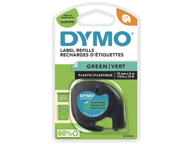 Ruban Dymo Letratag 91204 plastique 12mm noir sur vert